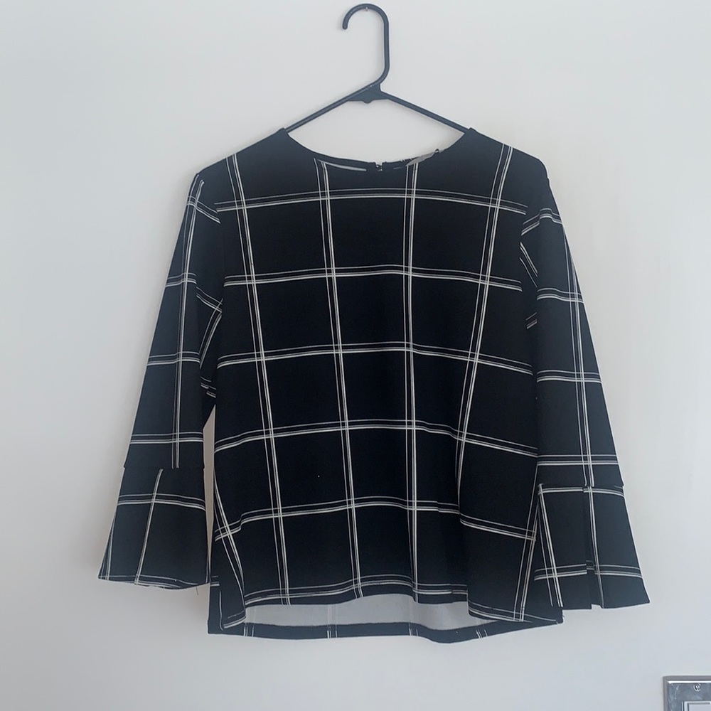 H&M Black&White Bell Sleeve Plaid Top- Size S
